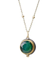 Rose Cut Round Green Tourmaline Necklace - 22k Gold Bezel + Diamond, on a 14k Gold Chain