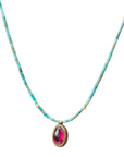 Beaded Turquoise Necklace with Garnet Pendant + 22k Gold Bezel