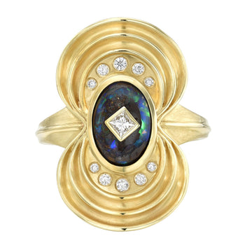 Green Opal Luxe Nebula Ring - 18k Gold, Diamonds + Boulder Opal, size 7.25