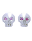 Skull Studs - Bright Sterling Silver with Pink Sapphires