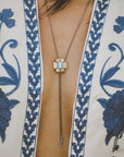 Flora Bolo Necklace - Oxidized Brass, Sterling Silver + Blue Moonstone Glass w/Oxidized Sterling Silver 32" Chain - KMJ Claire Sommers Buck Jewelry - Necklaces
