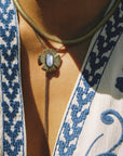 Flora Bolo Necklace - Oxidized Brass, Sterling Silver + Blue Moonstone Glass w/Oxidized Sterling Silver 32" Chain - KMJ Claire Sommers Buck Jewelry - Necklaces