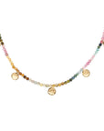 Watermelon Tourmaline Gemstone Mini Hammered Disc Station Necklace - 18k Gold + Watermelon Tourmaline