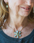 Sea Flower Pendant - Brass, Aquamarine + Green Garnet