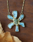 Sea Flower Pendant - Brass, Aquamarine + Green Garnet