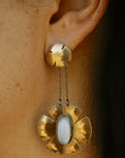Flora Earrings - Oxidized Brass, Sterling Silver + Blue Moonstone Glass