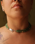 Holding Hands Necklace - Oxidized Sterling Silver + Jade Gemstone Beads
