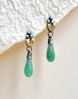 Sacred Heart Teardrop Earrings - Aventurine Gemstone, Oxidized Brass + Sterling Silver