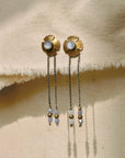 Petite Flora Earrings - Oxidized Brass, Sterling Silver + Blue Moonstone Glass