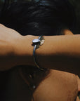 Solis Cuff - Oxidized Brass, Sterling Silver + Blue Moonstone Glass