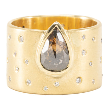 OOAK Pear Shaped Rose Cut Black Diamond Ring + Scattered VS Diamonds - 18k Gold + Diamonds