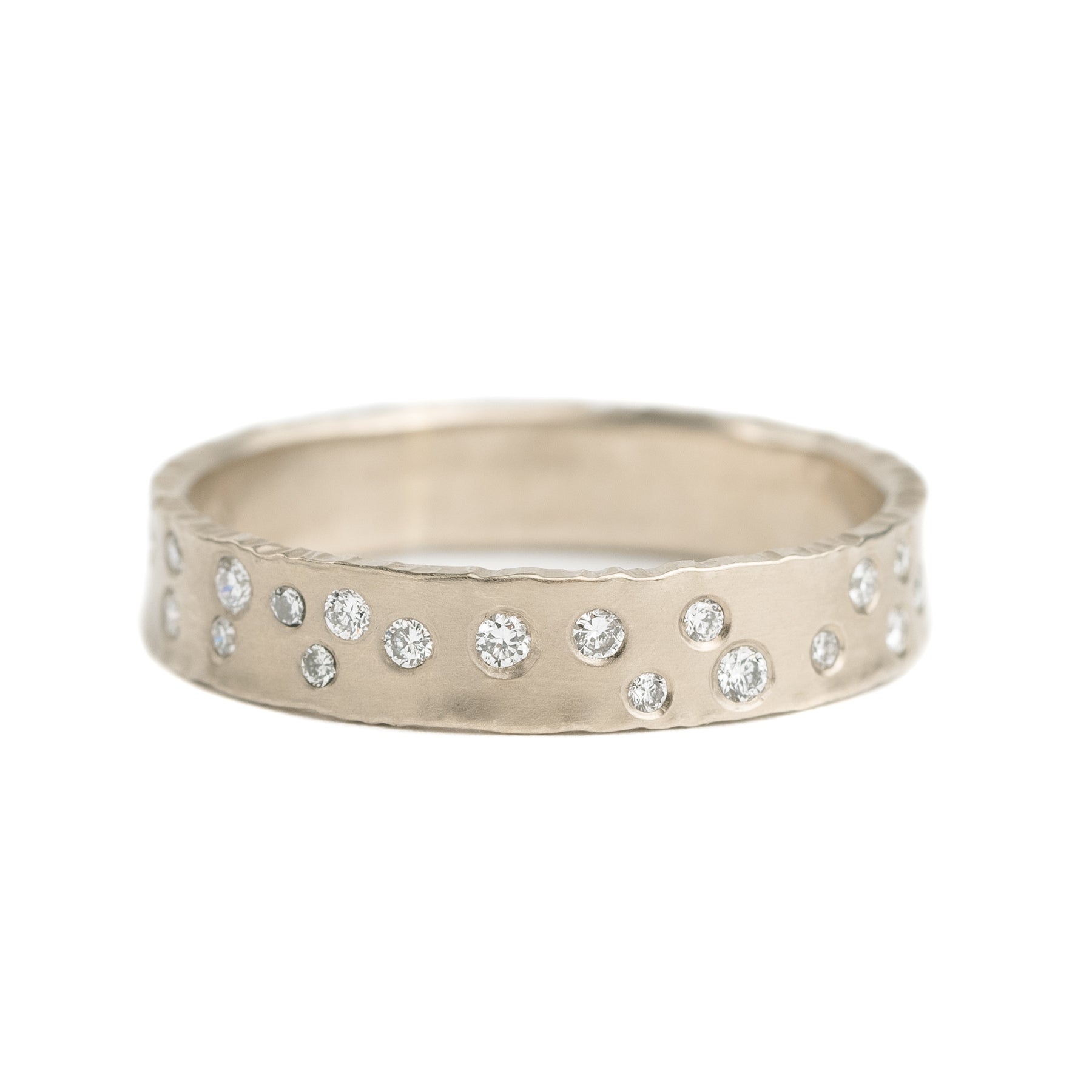 10 mm Coined Edge 14kpw Gold Scattered Diamond Band w/Diamonds Half Way Around - KMJ Kate Maller Jewelry Jewelry - Rings