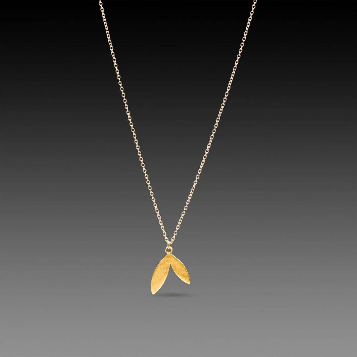 22k Double Leaf Charm Necklace - 14k Gold Chain