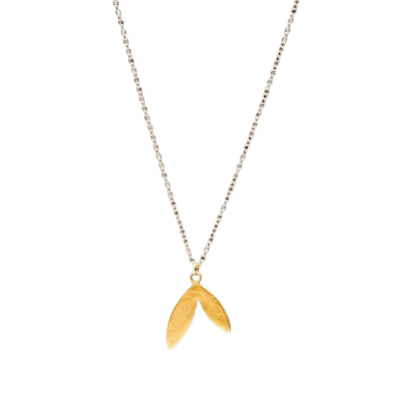 22k Double Leaf Charm Necklace - 14k Gold Chain