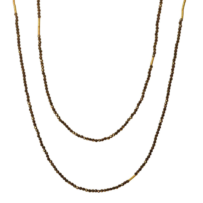 Beaded Pyrite Necklace with 22k Gold Tube Beads - 36" length