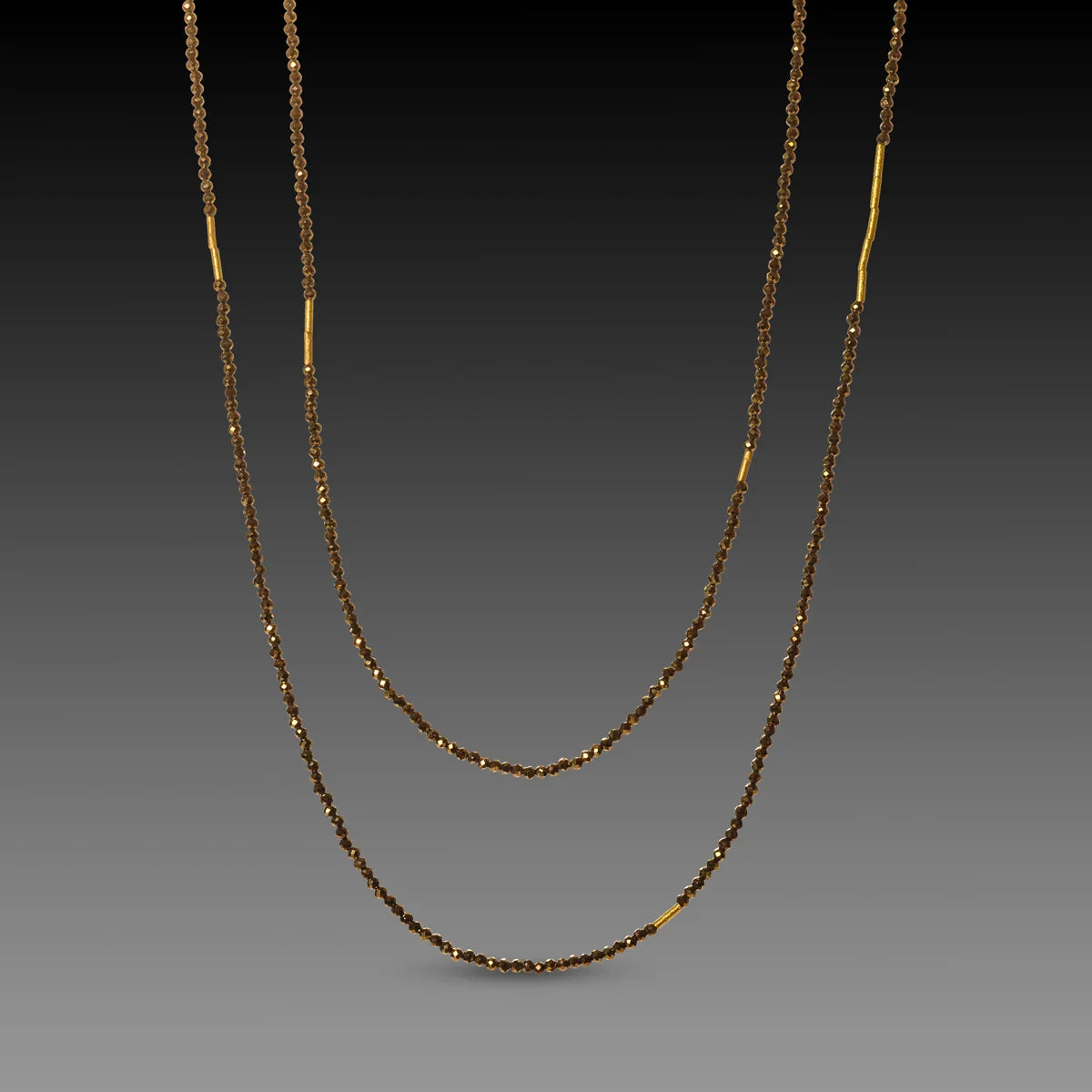 Beaded Pyrite Necklace with 22k Gold Tube Beads - 36" length