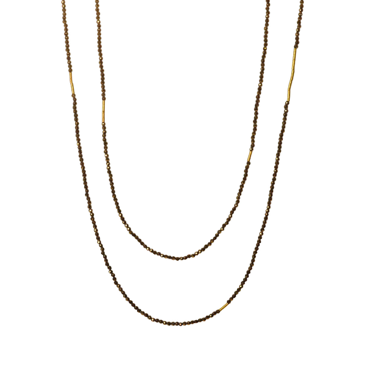 Beaded Pyrite Necklace with 22k Gold Tube Beads - 36" length