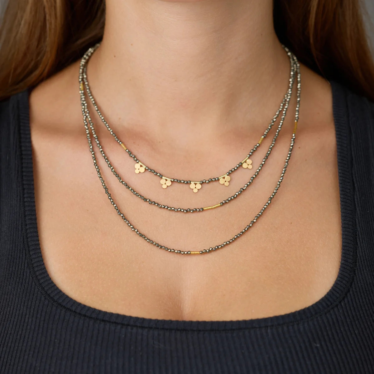 Beaded Pyrite Necklace with 22k Gold Tube Beads - 36" length