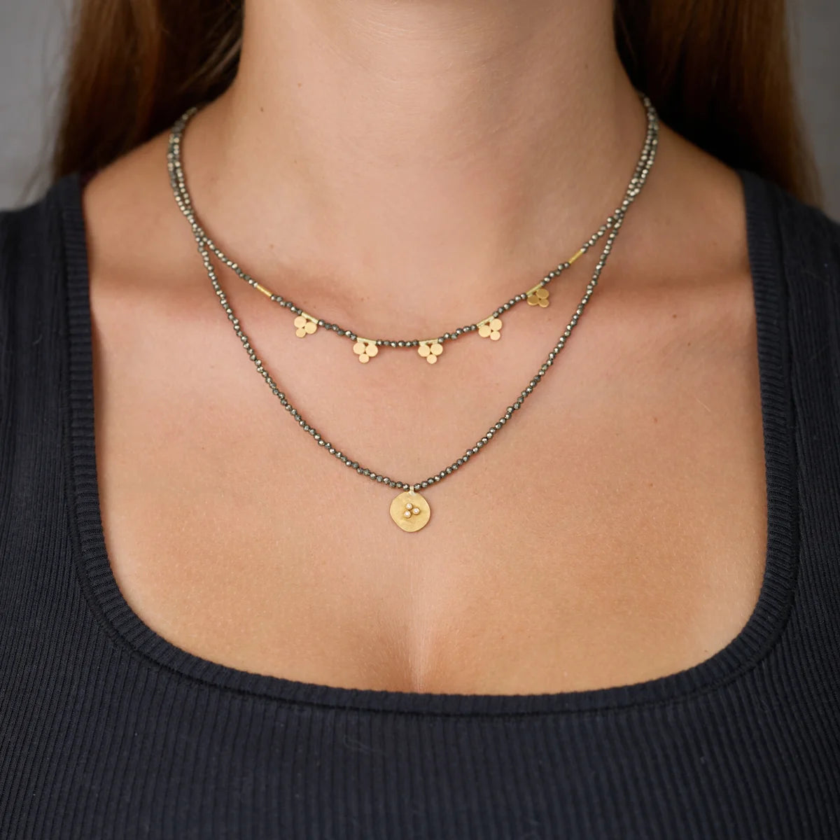 Beaded Pyrite Necklace with Five 22k Gold Trios