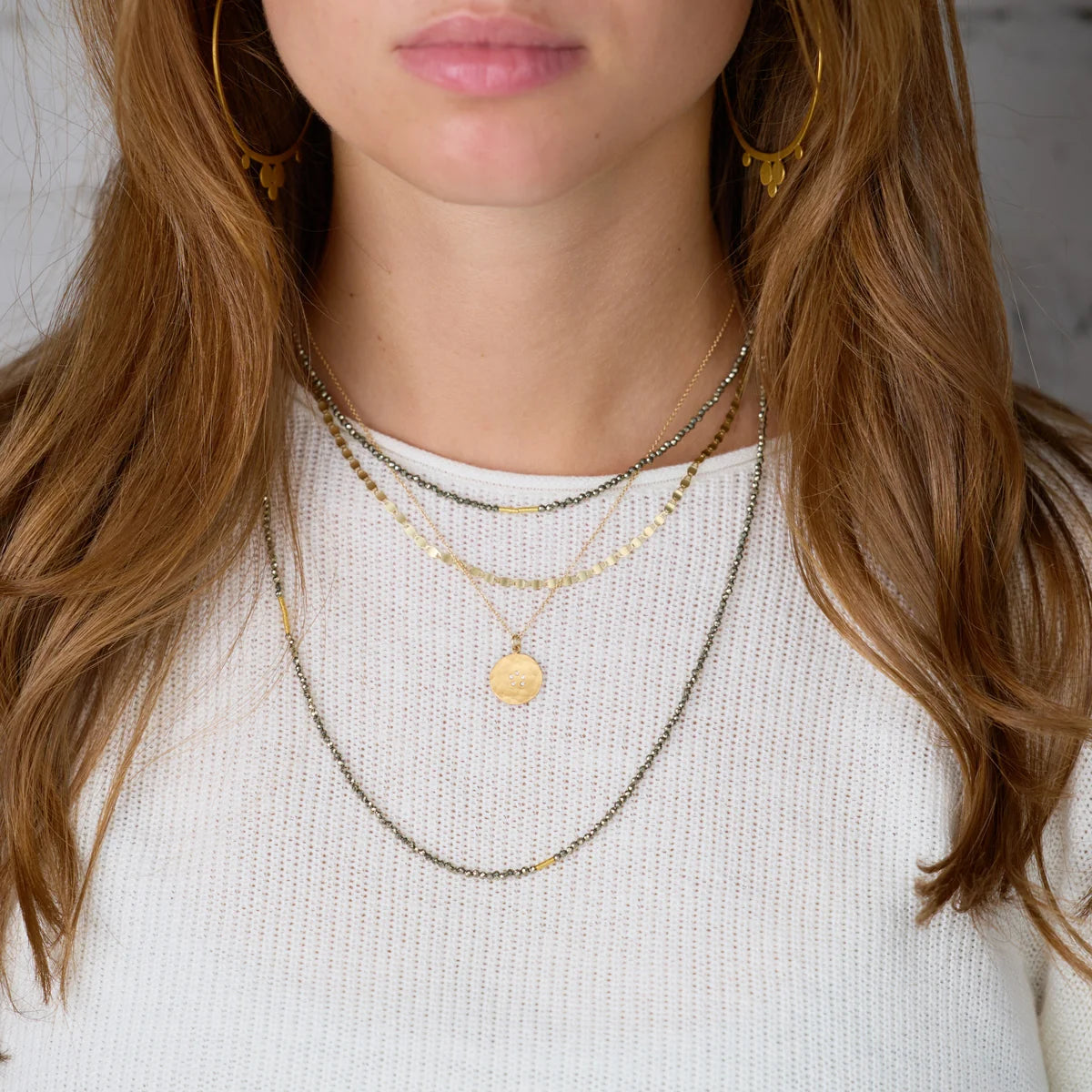Beaded Pyrite Necklace with 22k Gold Tube Beads - 36" length