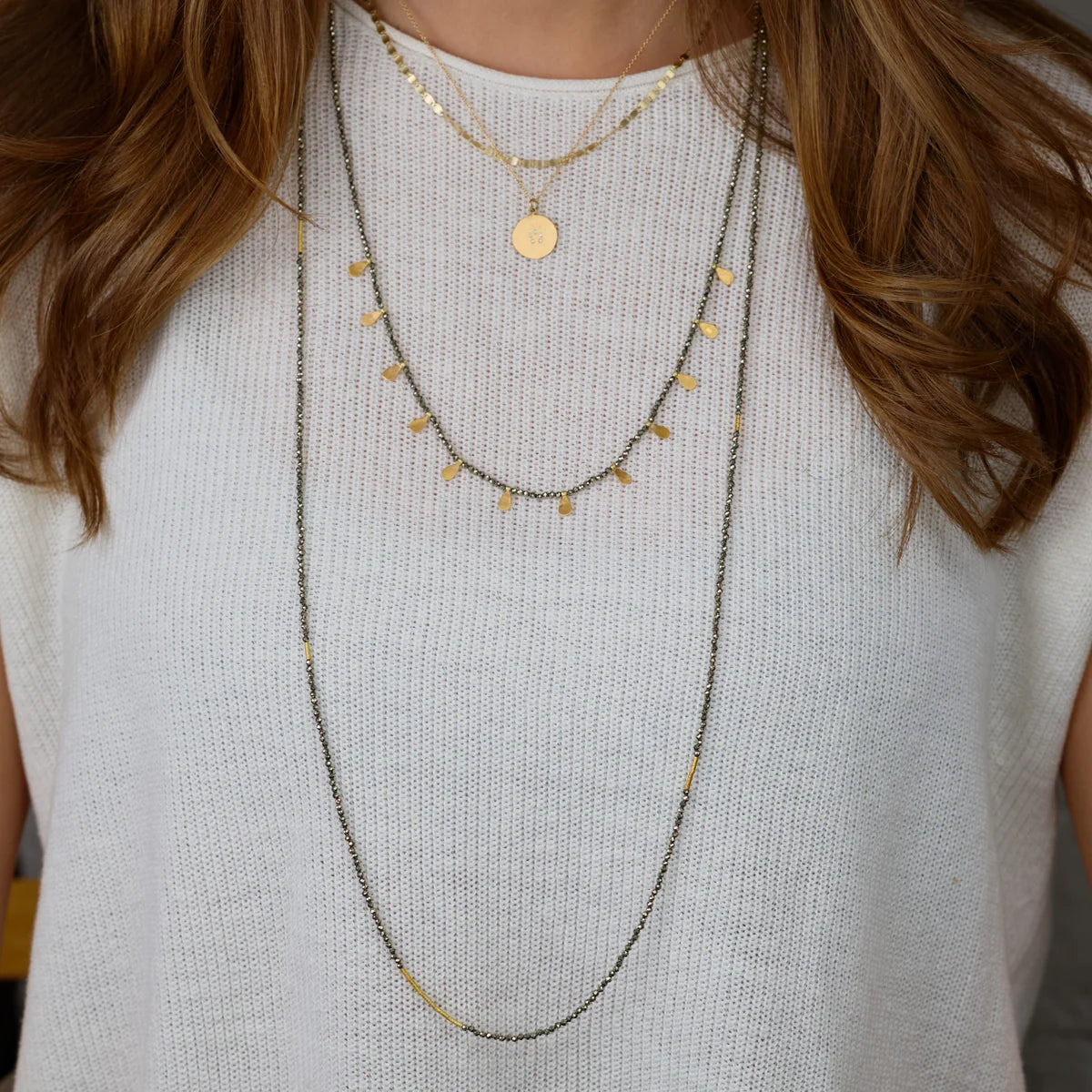 Beaded Pyrite Necklace with 22k Gold Tube Beads - 36" length