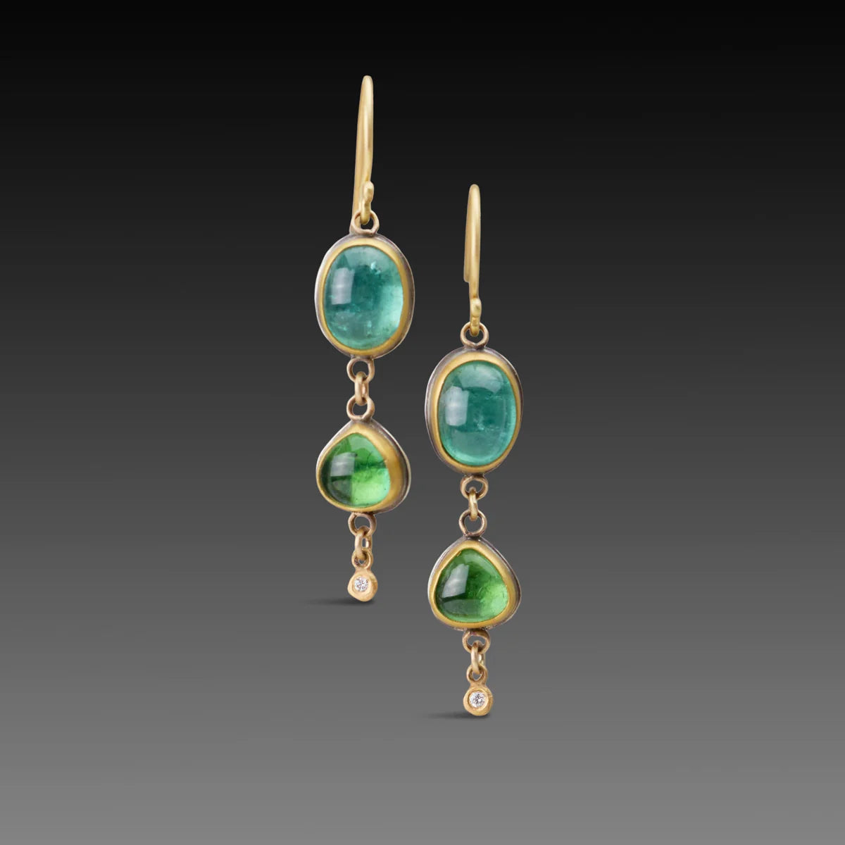 Double Drop Green Tourmaline Earrings -  22/18k Gold + Diamonds