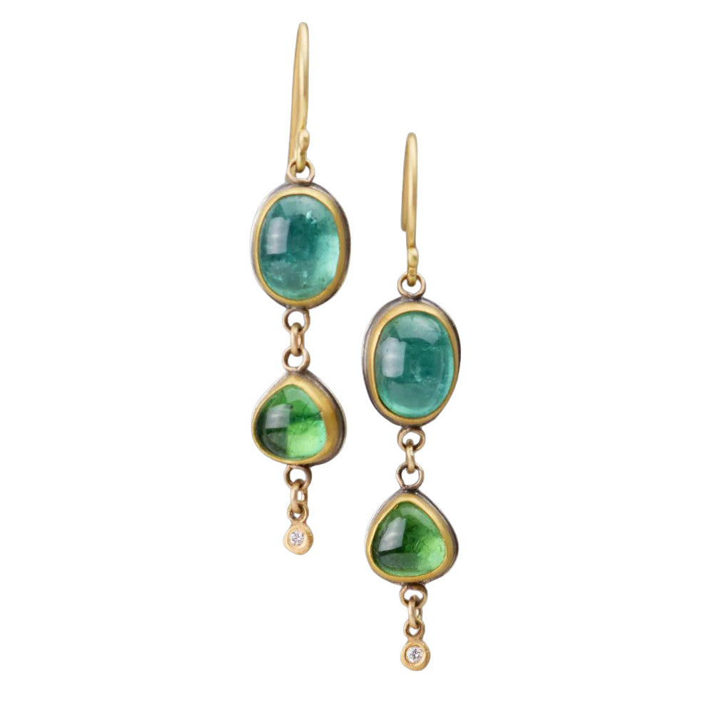 Double Drop Green Tourmaline Earrings -  22/18k Gold + Diamonds