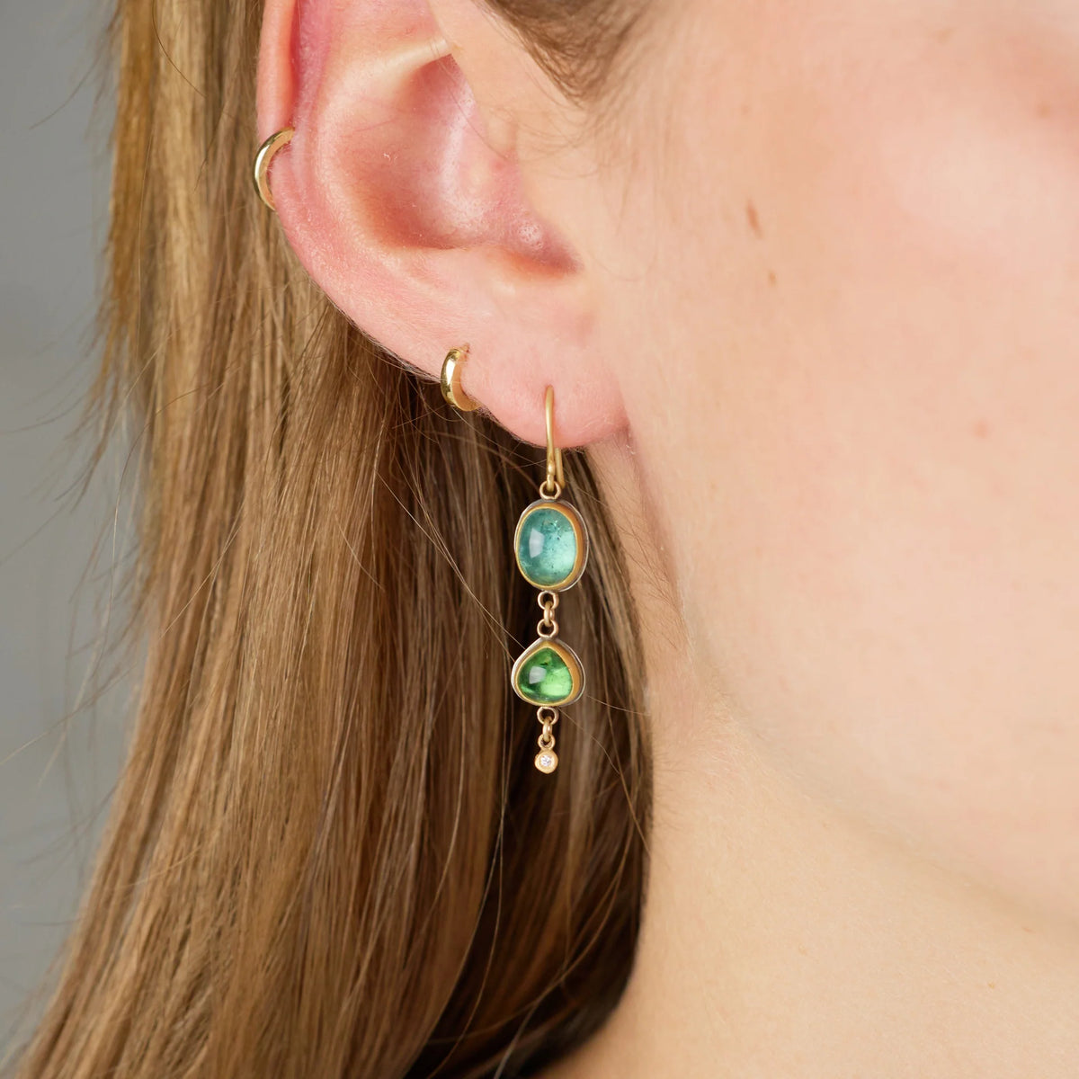 Double Drop Green Tourmaline Earrings -  22/18k Gold + Diamonds