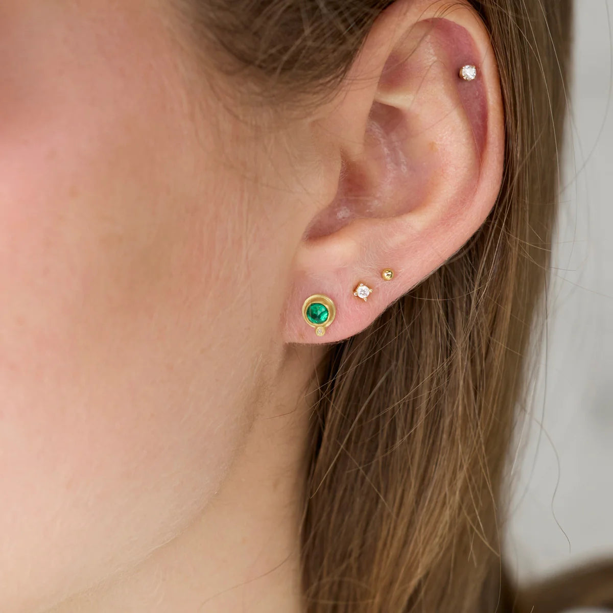 Emerald Stud Earring - 22k Gold + Diamond