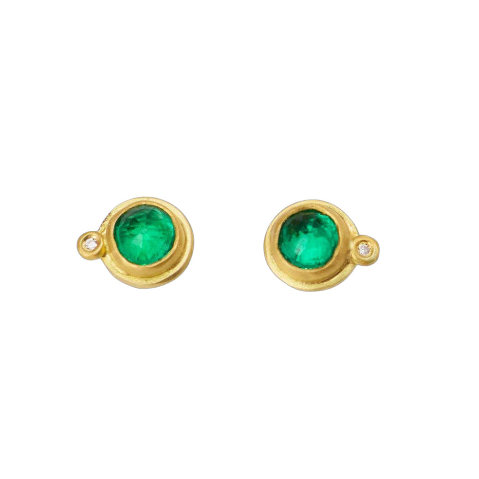 Emerald Stud Earring - 22k Gold + Diamond