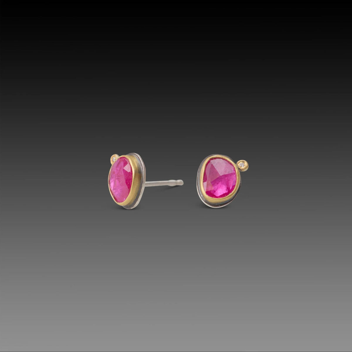 Rose Cut Ruby Stud Earrings - 22k Gold + Diamond