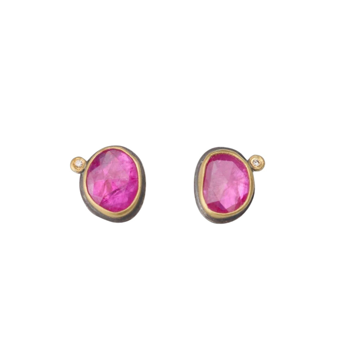 Rose Cut Ruby Stud Earrings - 22k Gold + Diamond