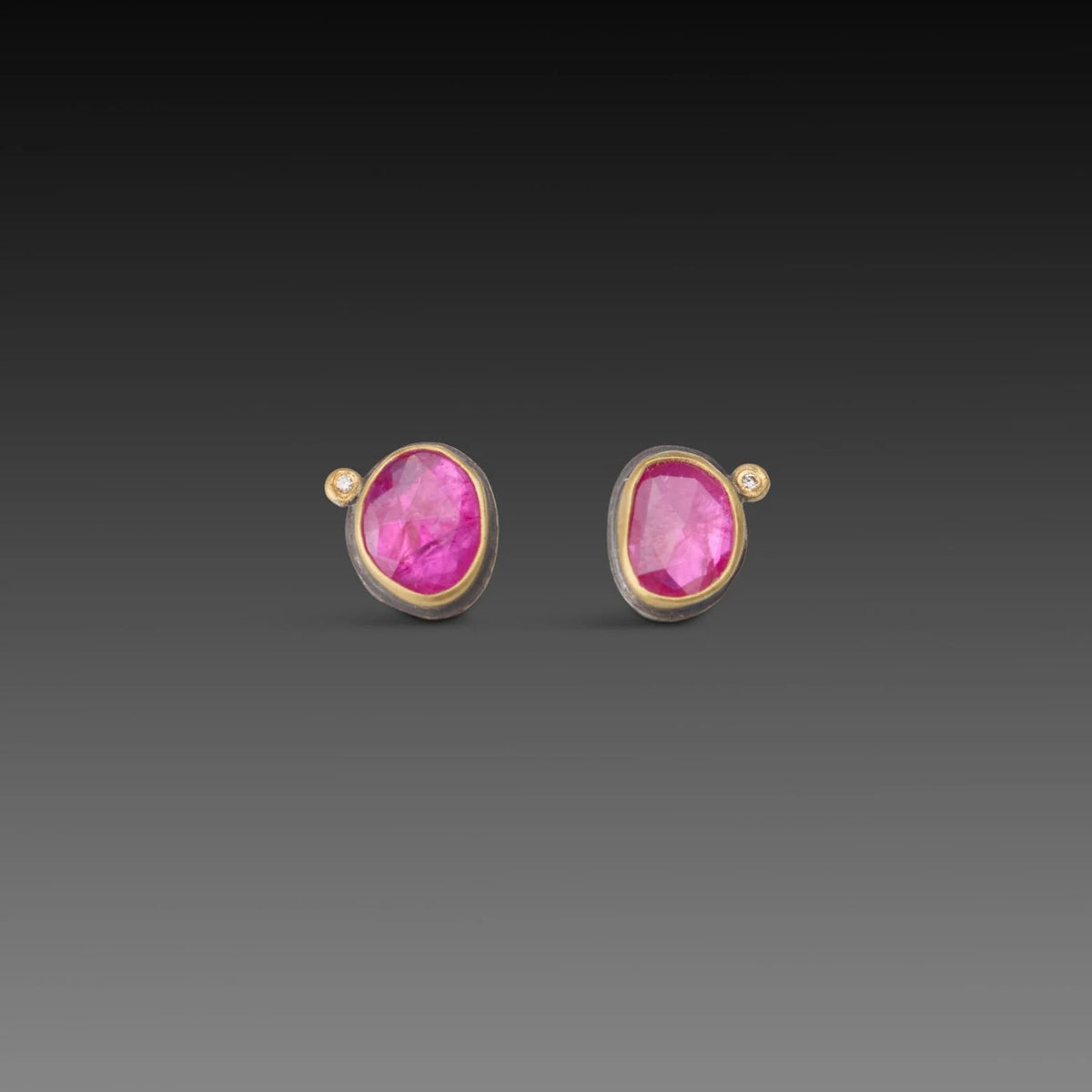 Rose Cut Ruby Stud Earrings - 22k Gold + Diamond