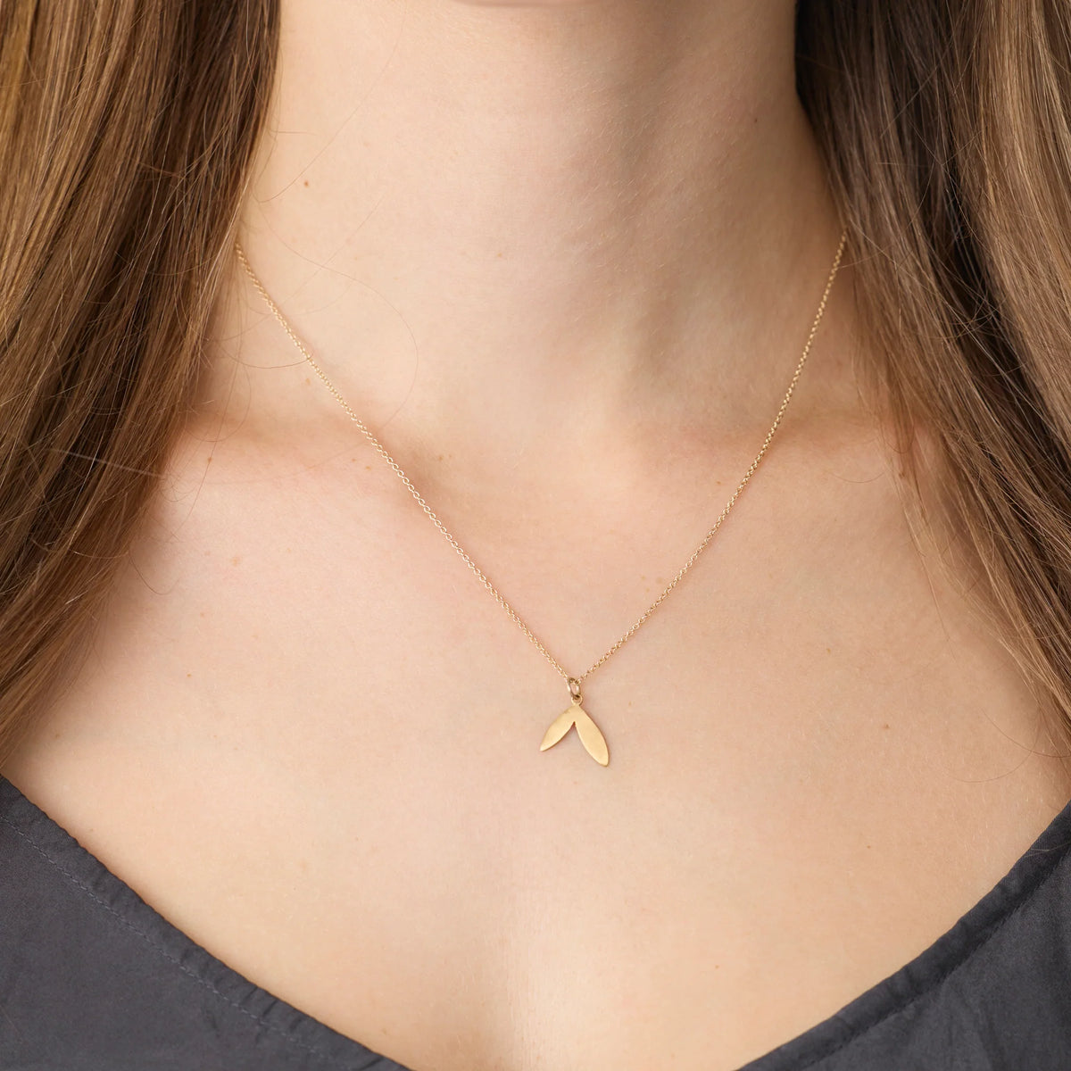 22k Double Leaf Charm Necklace - 14k Gold Chain