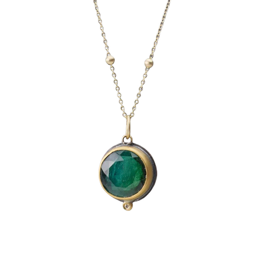 Rose Cut Round Green Tourmaline Necklace - 22k Gold Bezel + Diamond, on a 14k Gold Chain