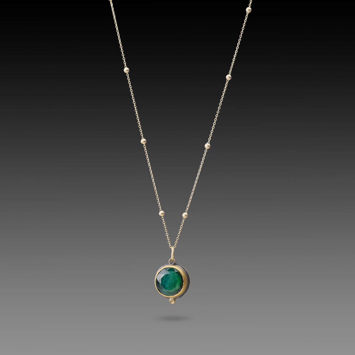 Rose Cut Round Green Tourmaline Necklace - 22k Gold Bezel + Diamond, on a 14k Gold Chain