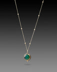 Rose Cut Round Green Tourmaline Necklace - 22k Gold Bezel + Diamond, on a 14k Gold Chain