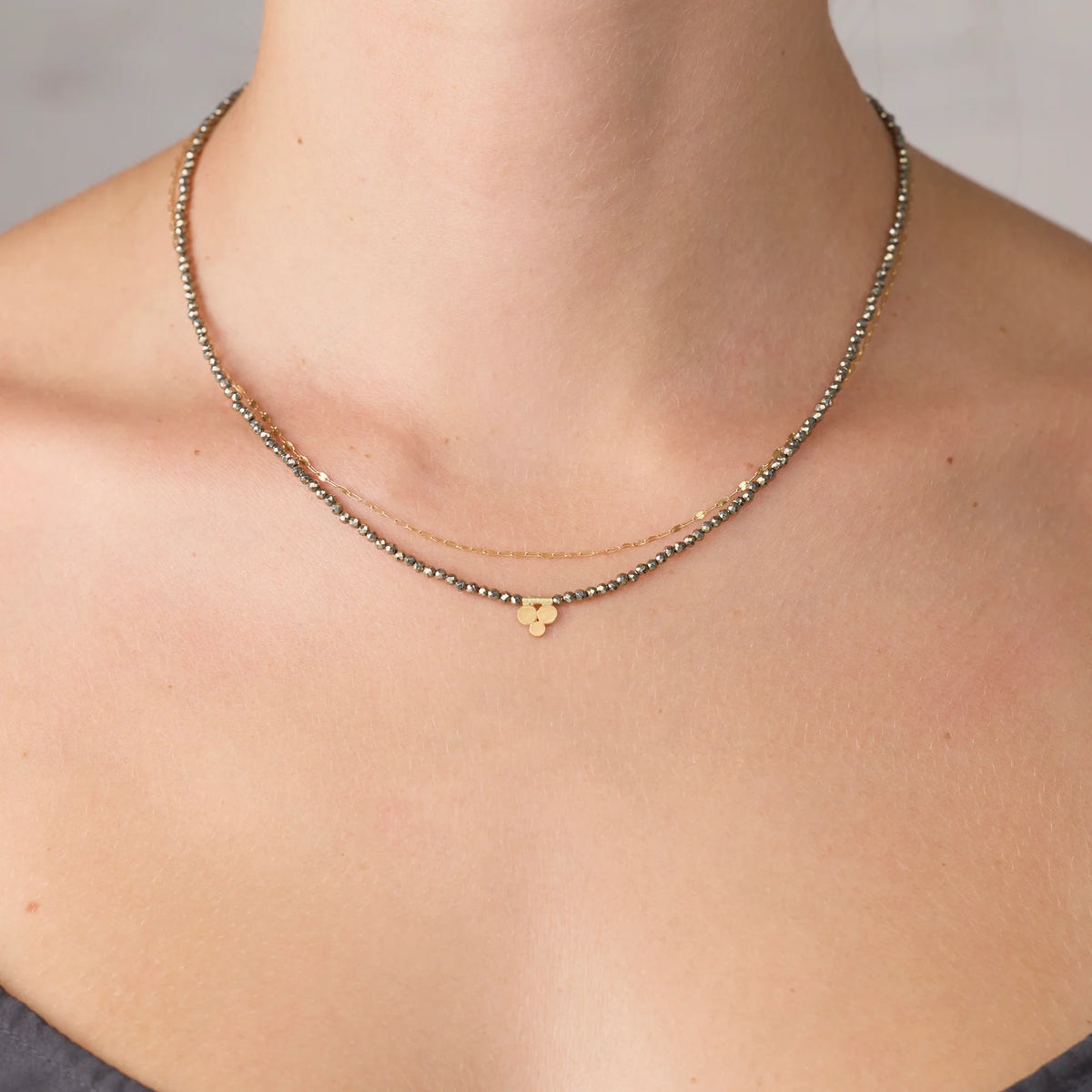 Beaded Pyrite Necklace with One 22k Gold Trio