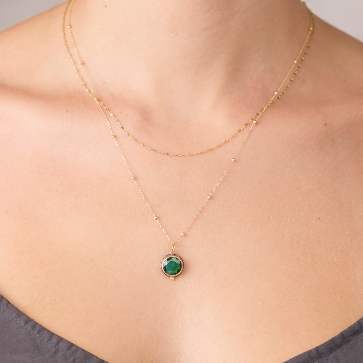 Rose Cut Round Green Tourmaline Necklace - 22k Gold Bezel + Diamond, on a 14k Gold Chain