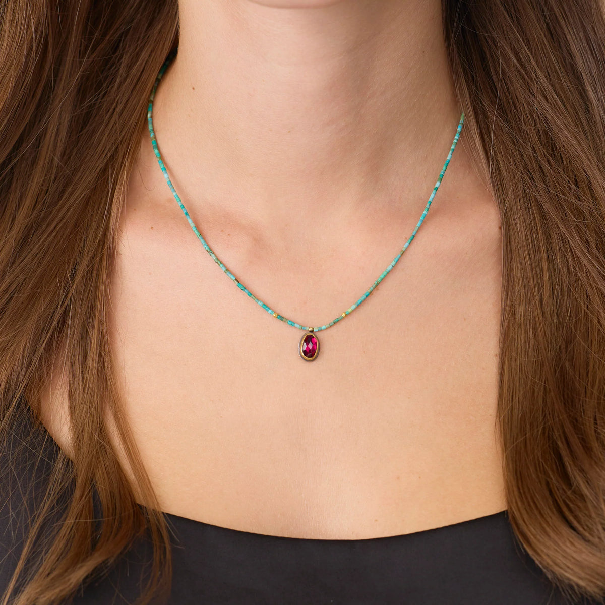 Beaded Turquoise Necklace with Garnet Pendant + 22k Gold Bezel