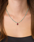 Beaded Turquoise Necklace with Garnet Pendant + 22k Gold Bezel