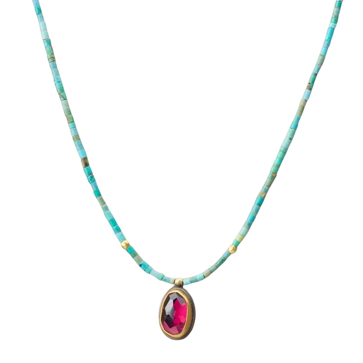 Beaded Turquoise Necklace with Garnet Pendant + 22k Gold Bezel