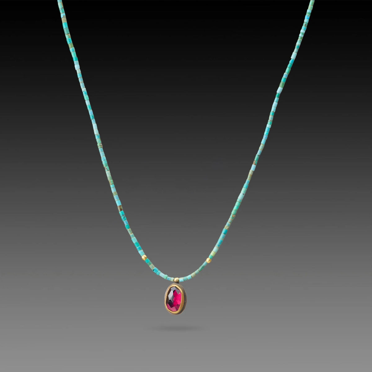 Beaded Turquoise Necklace with Garnet Pendant + 22k Gold Bezel