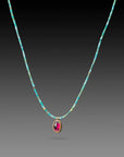Beaded Turquoise Necklace with Garnet Pendant + 22k Gold Bezel
