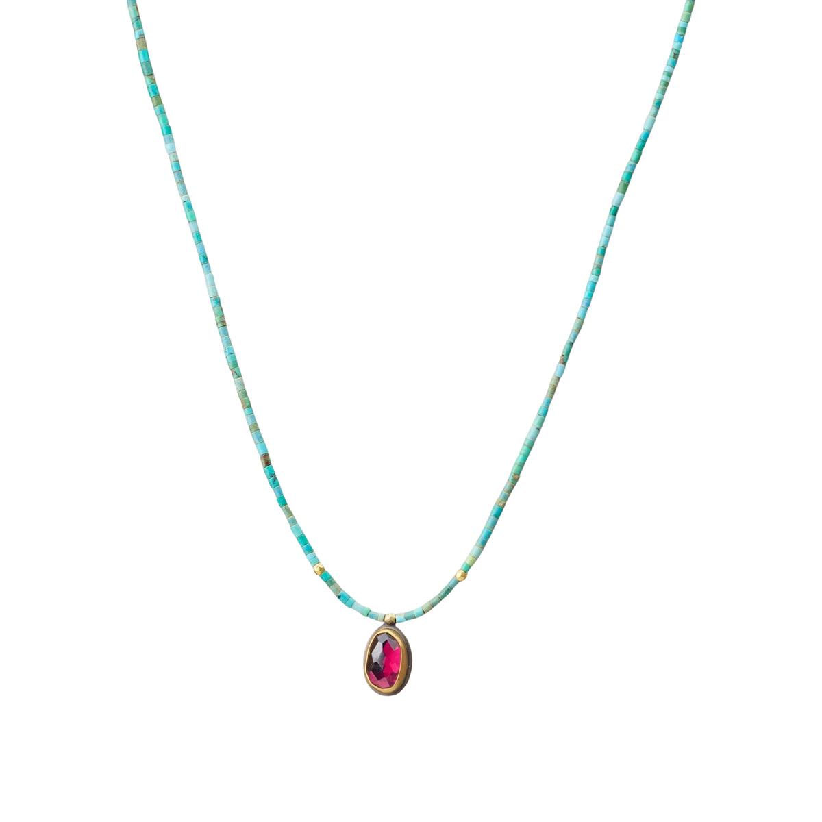 Beaded Turquoise Necklace with Garnet Pendant + 22k Gold Bezel