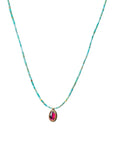 Beaded Turquoise Necklace with Garnet Pendant + 22k Gold Bezel