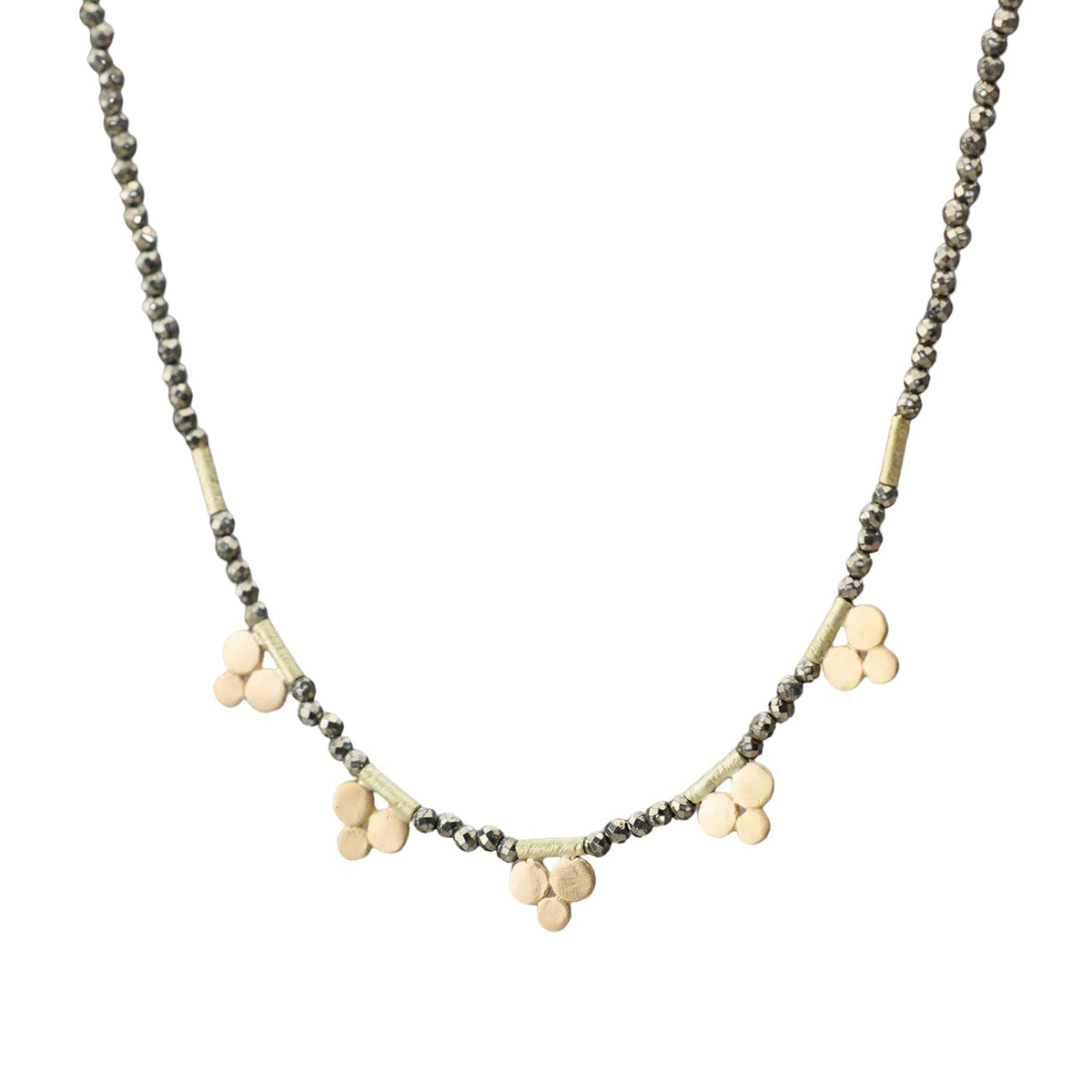 Beaded Pyrite Necklace with Five 22k Gold Trios