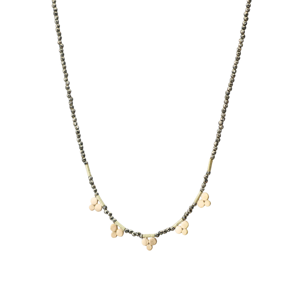 Beaded Pyrite Necklace with Five 22k Gold Trios