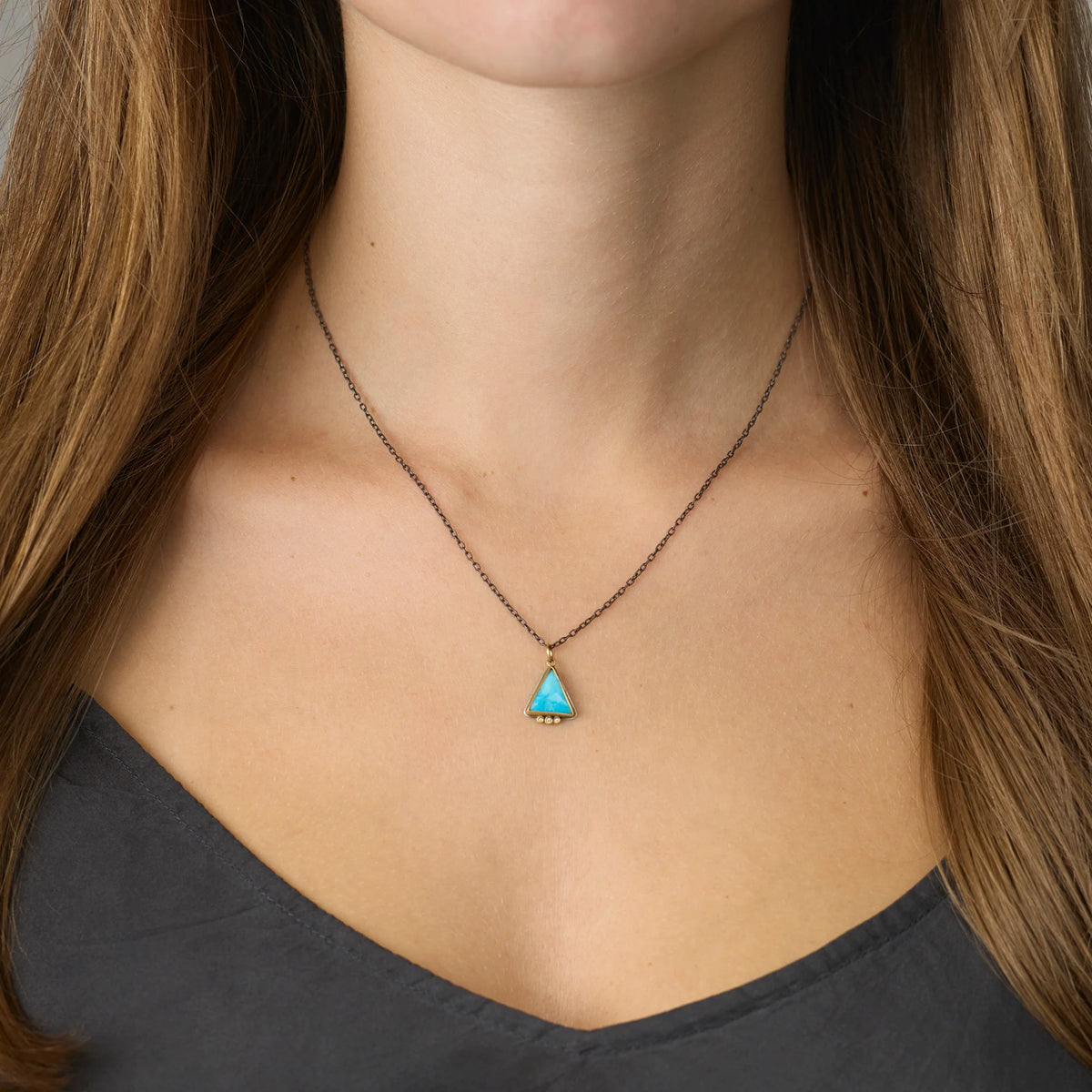 Triangle Turquoise Necklace - Sterling Silver Bezel + 22k Gold Dots