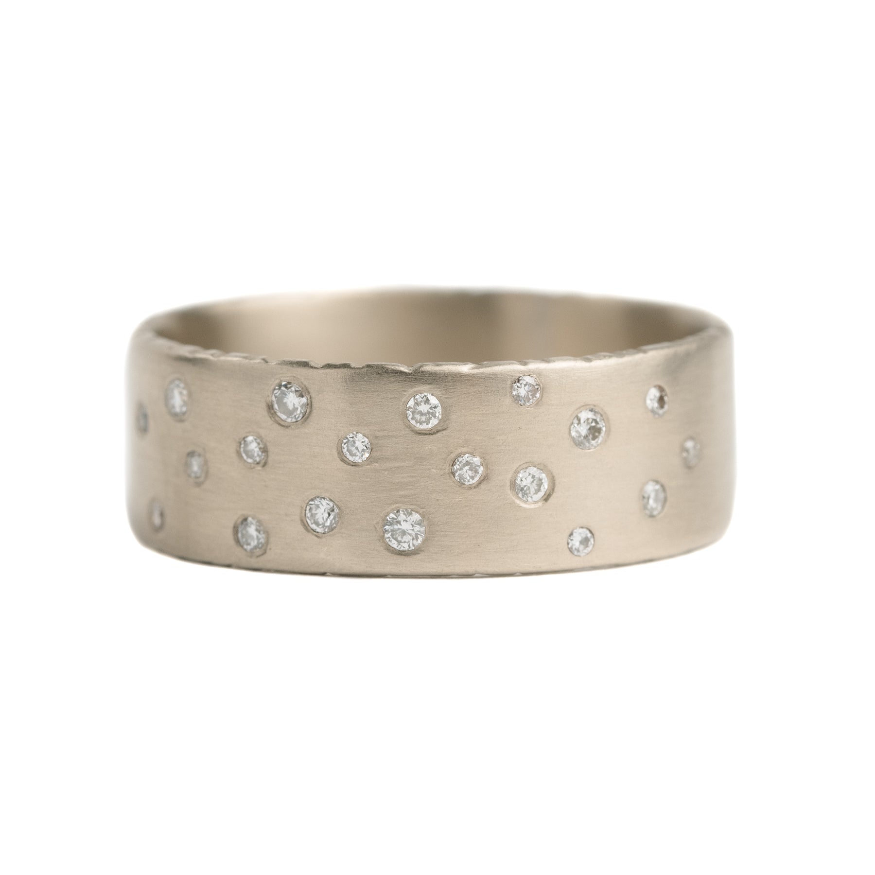 10 mm Coined Edge 14kpw Gold Scattered Diamond Band w/Diamonds Half Way Around - KMJ Kate Maller Jewelry Jewelry - Rings